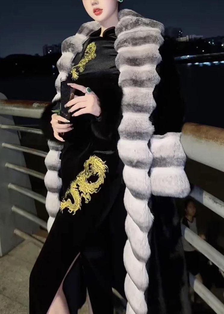 Abrigo largo de invierno de piel y patchwork de Totoro con cuello Peter Pan en beige francés