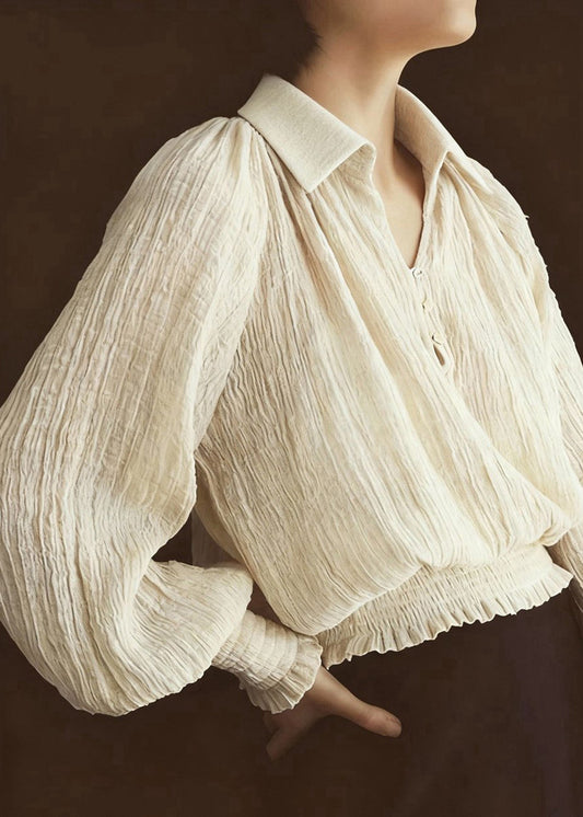 French Beige Peter Pan Collar Wrinkled Chiffon Shirt Top Lantern Sleeve
