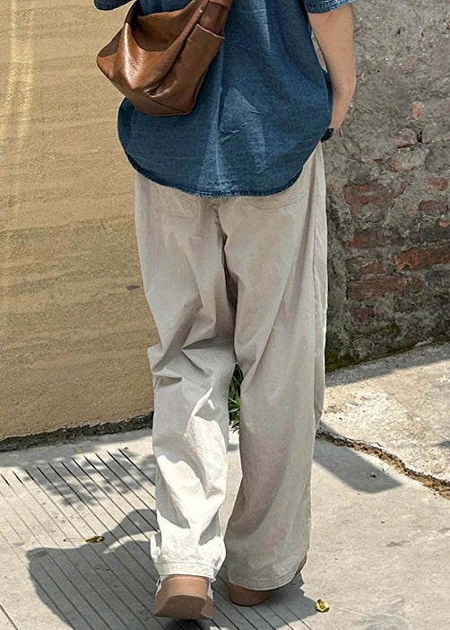 French Beige Pockets Solid Elastic Waist Cotton Mens Pants Summer