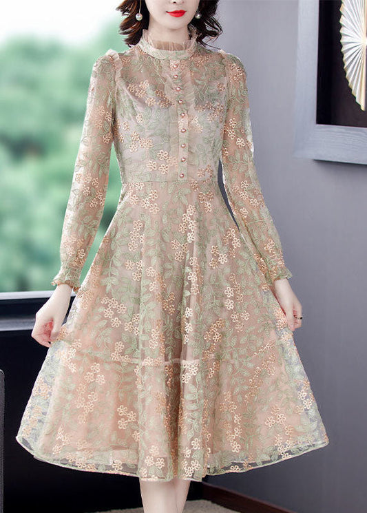 Französisch Beige Stehkragen Bestickt Extra Große Saum Tüll Kleider Frühling