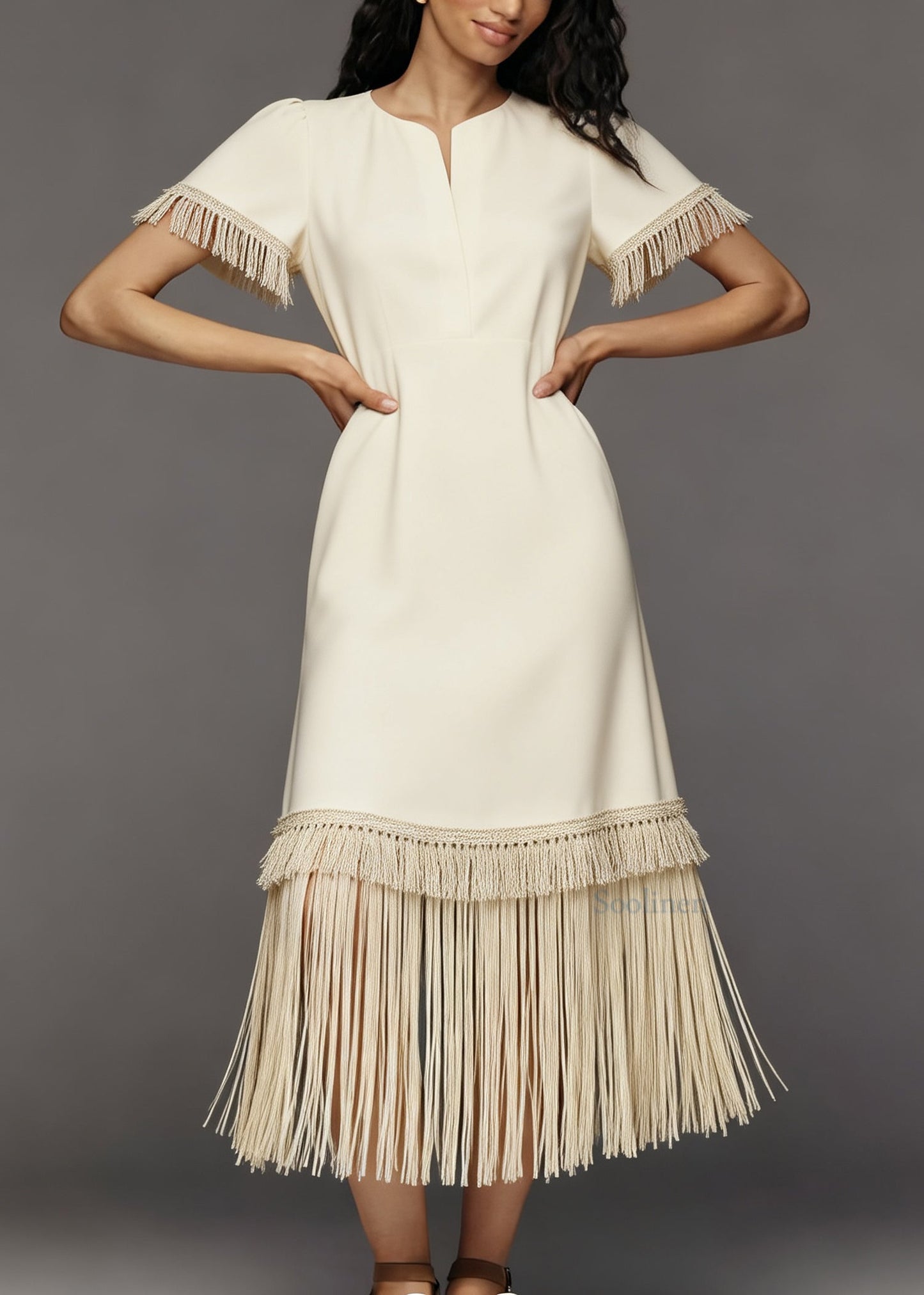 French Beige Tasseled Patchwork Cotton Maxi Dresses Summer