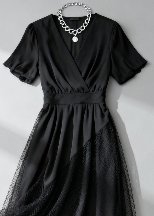 French Black Asymmetrical Design Hollow Out Tulle Patchwork Long Dress Summer