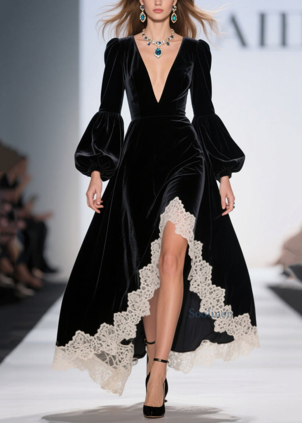 Vestidos de terciopelo con patchwork de encaje asimétrico negro francés para primavera