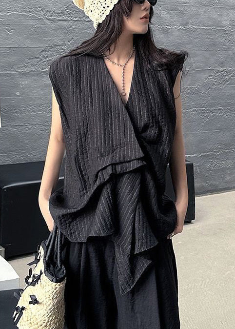 French Black Asymmetrical Striped Cotton Tanks Sleeveless