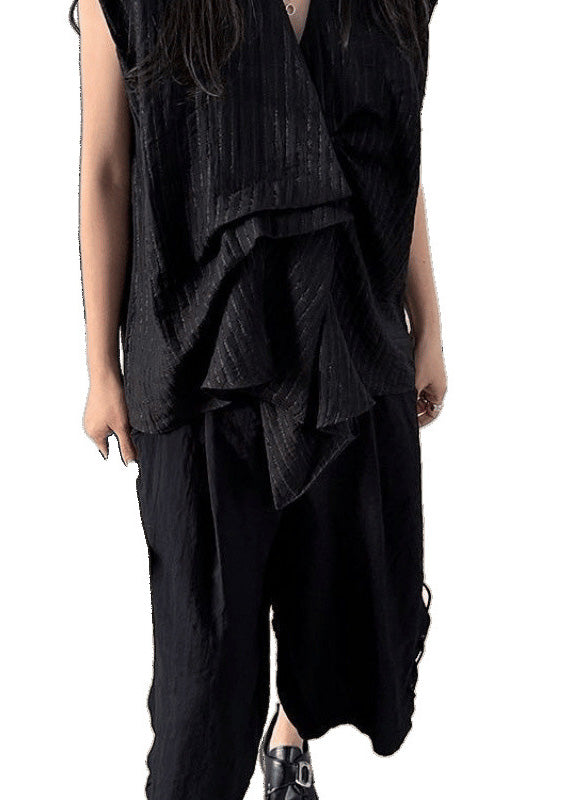 French Black Asymmetrical Striped Cotton Tanks Sleeveless
