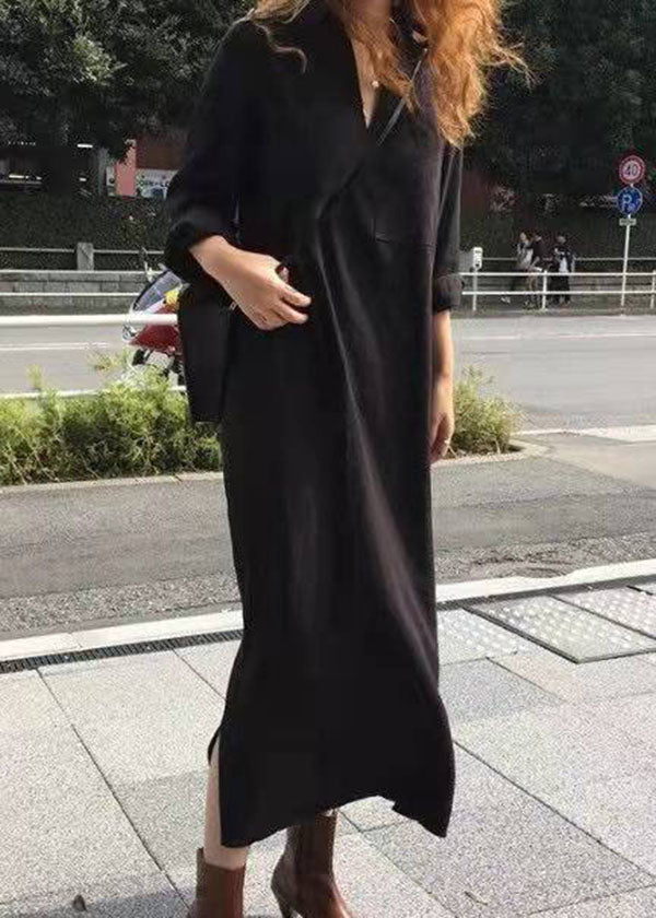 Französisch Schwarz Cinched seite offene Baumwolle Kleider Halbe Ärmel