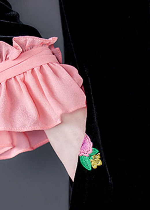 Französisches schwarzes besticktes Blumenvelourskleid Frühling