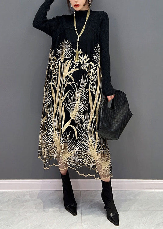 Französisch Schwarz High Neck Tüll Patchwork Print Strick Pullover Kleid Frühling