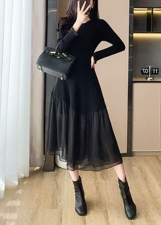 Französischer schwarzer Rundhals-Strickpullover mit asymmetrischem Patchwork-Muster, lang, Winter