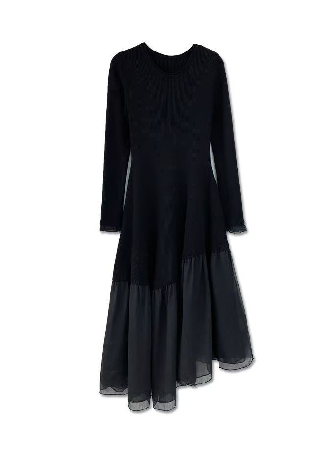 Französischer schwarzer Rundhals-Strickpullover mit asymmetrischem Patchwork-Muster, lang, Winter