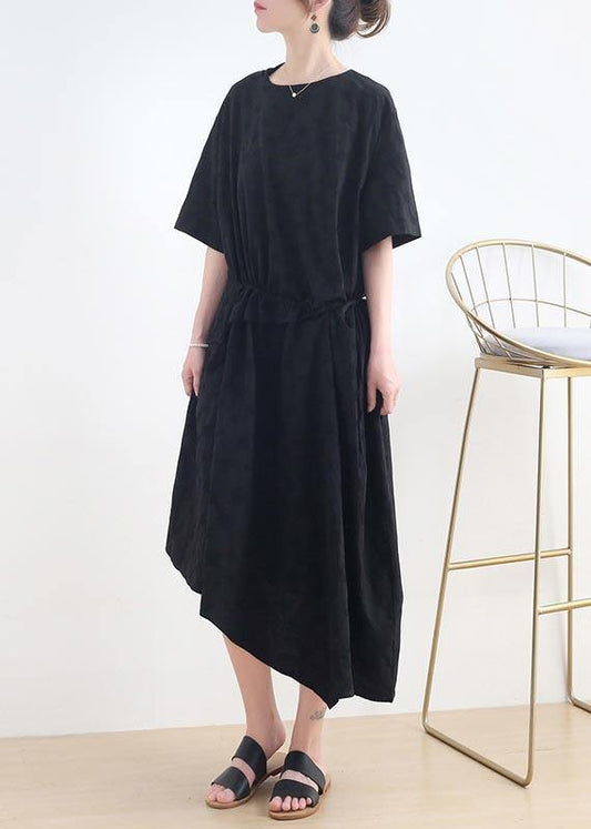 French Black O-Neck Cinched Long Summer Linen Dress - SooLinen