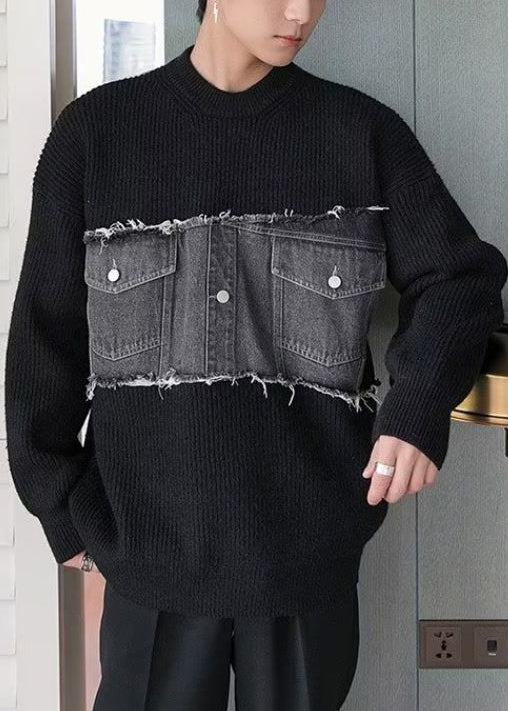 French Black O Neck Denim Patchwork Knit Men Sweater Fall