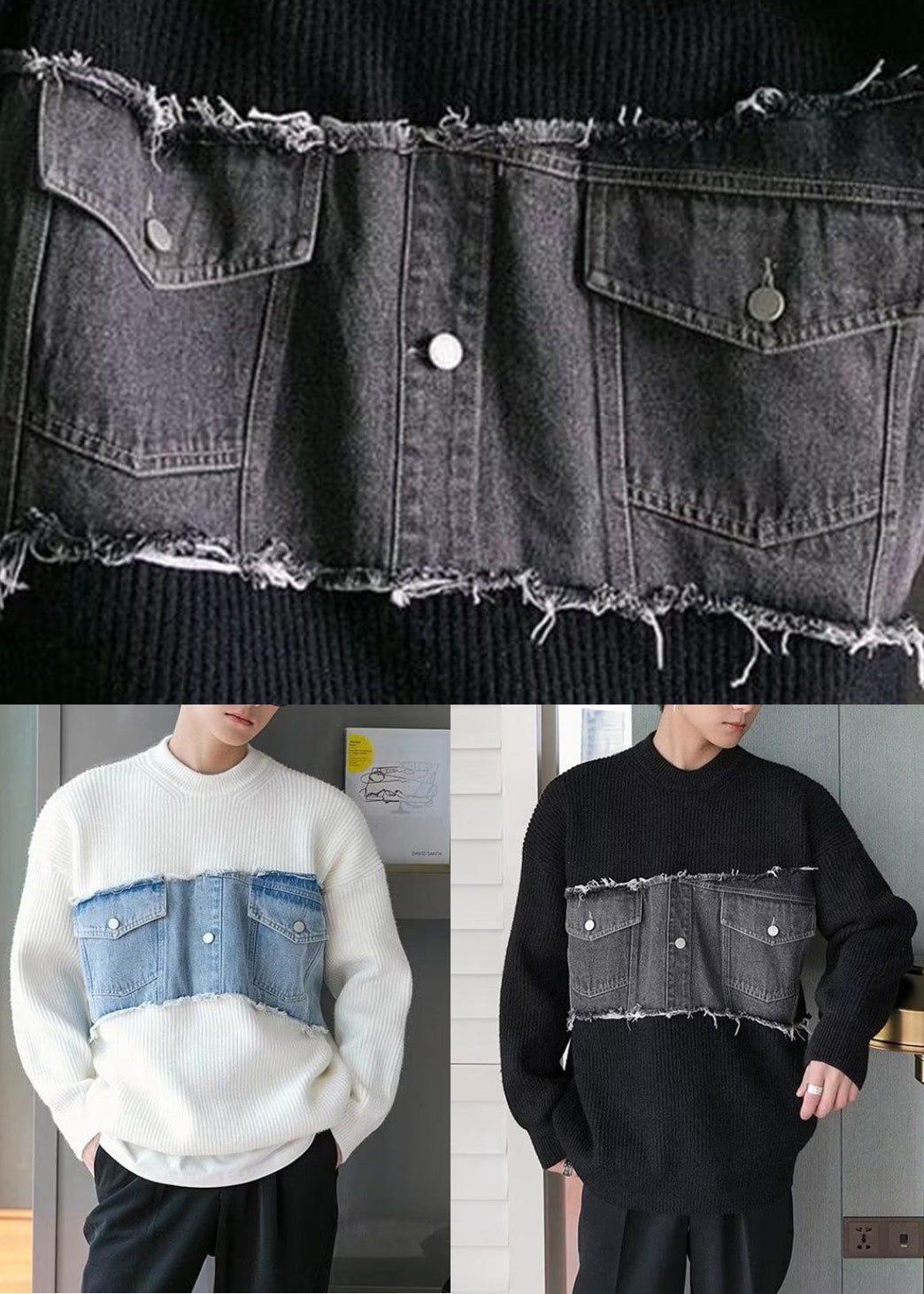 French Black O Neck Denim Patchwork Knit Men Sweater Fall