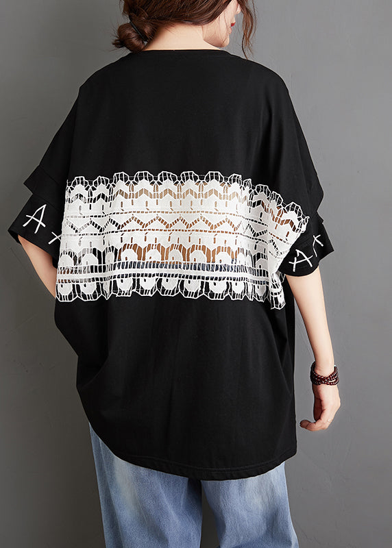 Französisches schwarzes O-Ausschnitt-Patchwork-Oberteil mit ausgehöhlter Spitze und kurzen Ärmeln