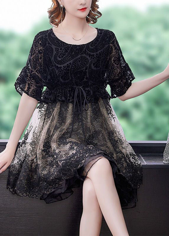 Französisches schwarzes O-Ausschnitt Patchwork Organza Cinch Kleid Sommer