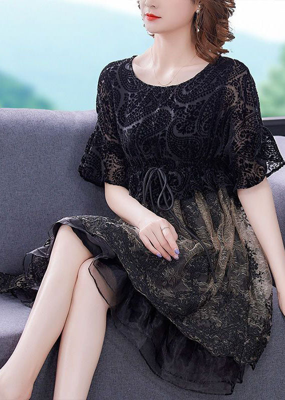 Französisches schwarzes O-Ausschnitt Patchwork Organza Cinch Kleid Sommer