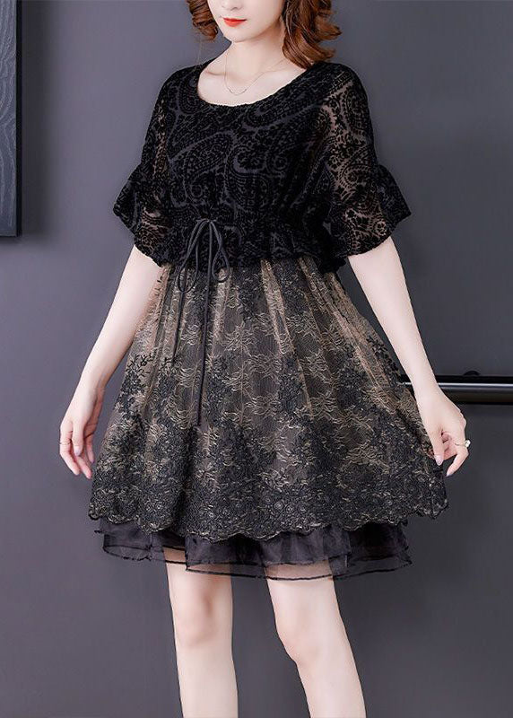 Französisches schwarzes O-Ausschnitt Patchwork Organza Cinch Kleid Sommer