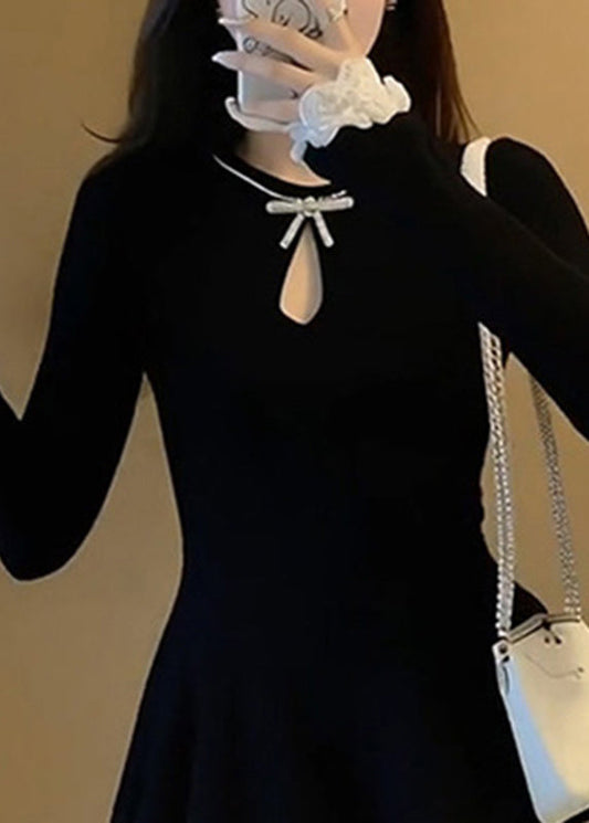 Vestido francés negro de media pierna con cuello redondo y patchwork para vacaciones de primavera