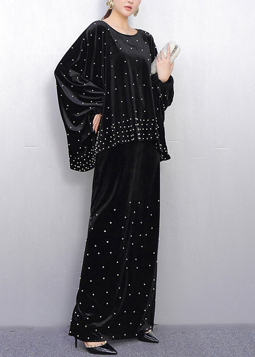 Conjunto de dos piezas de terciopelo de seda con cuentas de uñas negras extragrandes francesas para primavera