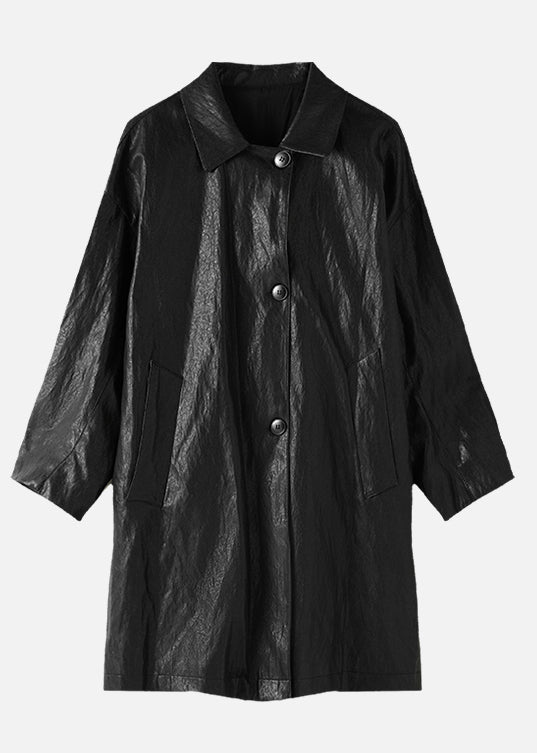 French Black Oversized Plaid Faux Leather Trench Winter