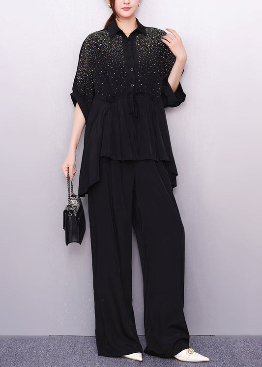 French Black Oversized Rhinestone Two Pieces Set Summer