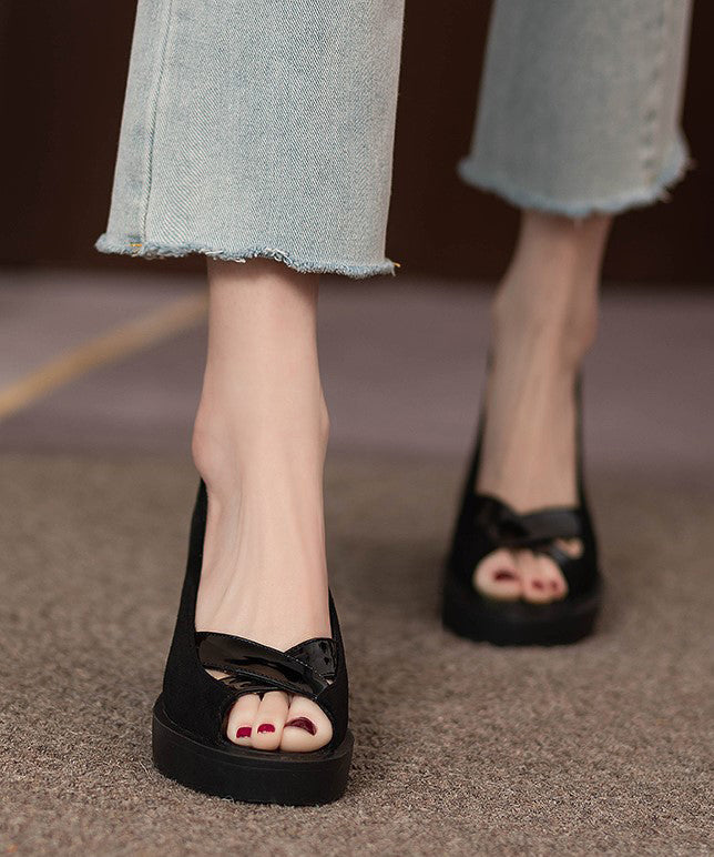 Französische schwarze Peep-Toe-Plateau-Pumps aus echtem Leder