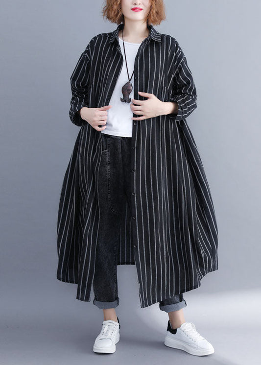 French Black Peter Pan Collar Button Pockets Striped Fall Long sleeve Shirt Top