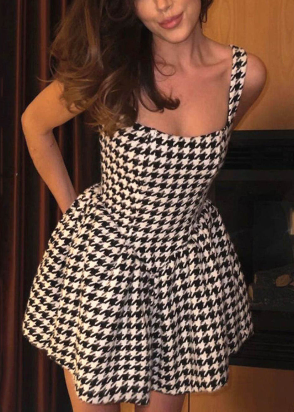 French Black Plaid Zippered Cotton Mini Dresses Sleeveless