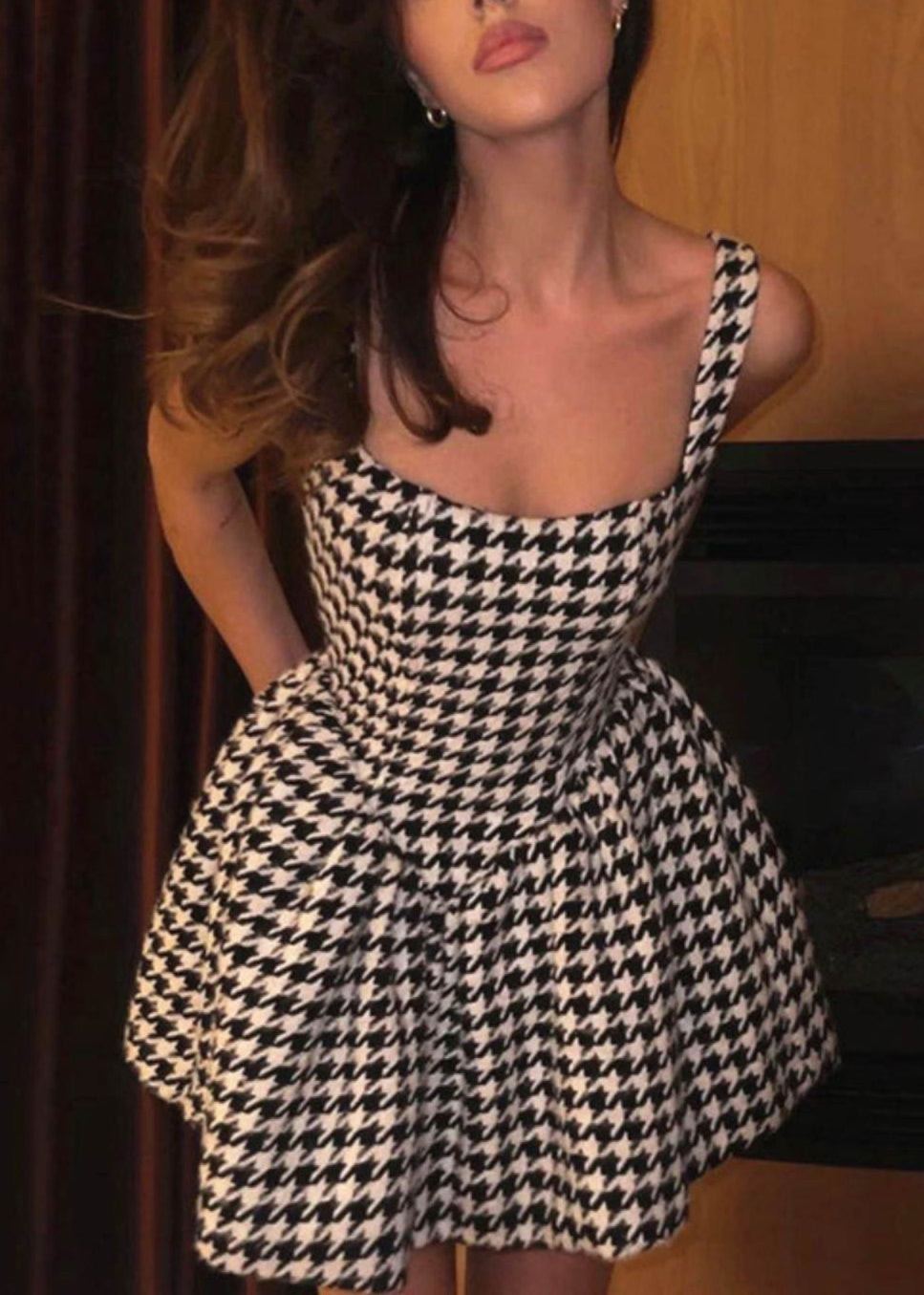 French Black Plaid Zippered Cotton Mini Dresses Sleeveless