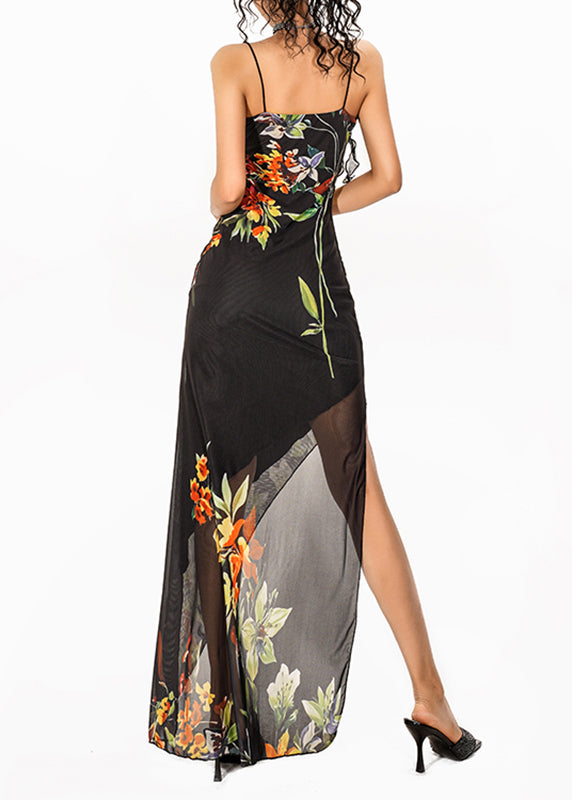 French Black Print Asymmetrical Design Long Spaghetti Strap Dress Sleeveless
