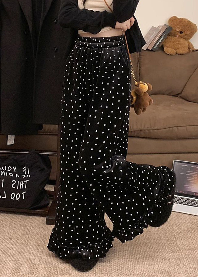 Französische schwarze Seidenvelourshose mit Rüschen und Punkten, weites Bein, Winter