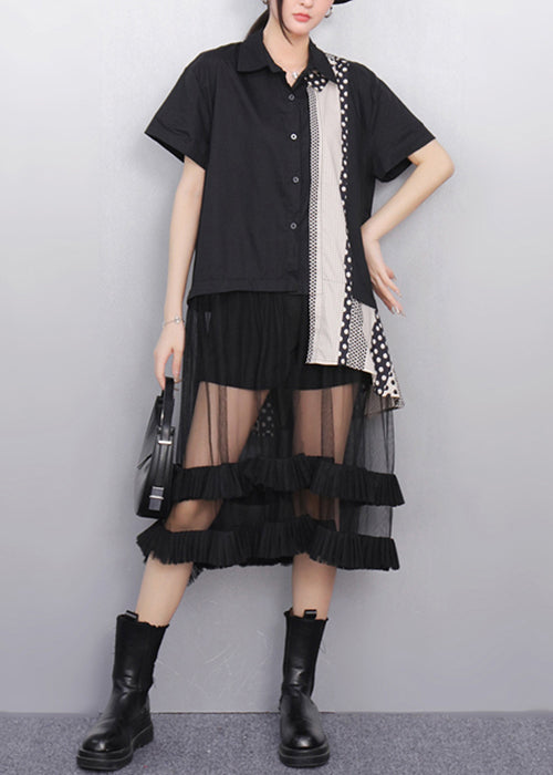 French Black Ruffled Tulle Patchwork Shirt Dress Summer