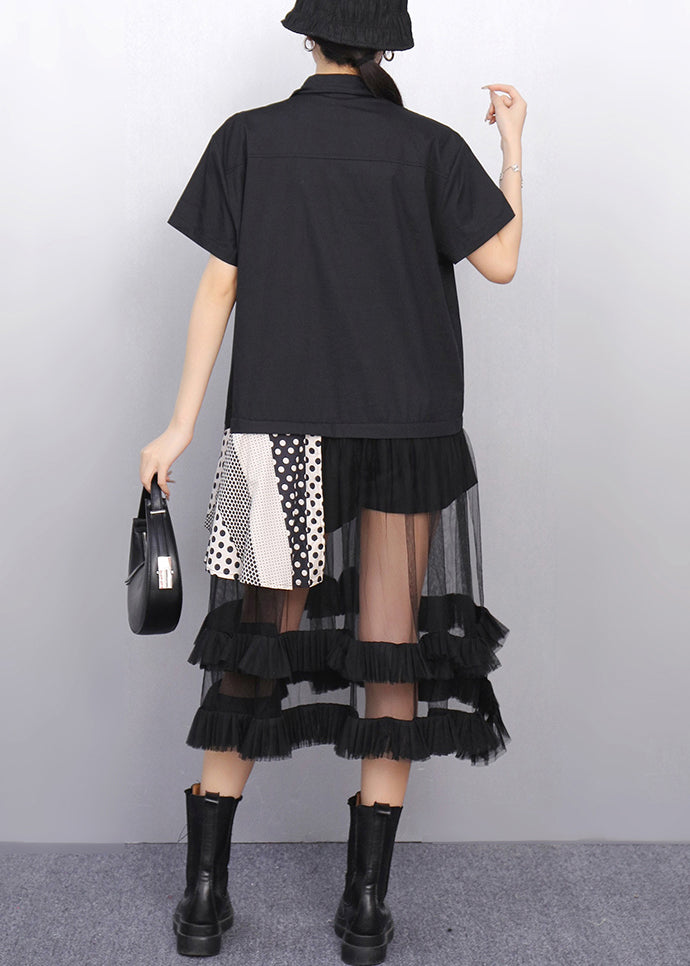 French Black Ruffled Tulle Patchwork Shirt Dress Summer