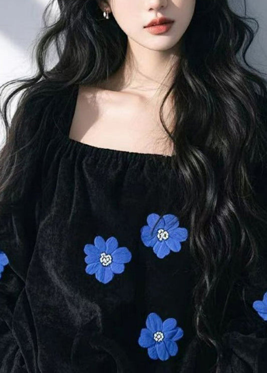 French Black Square Collar Floral Velour Shirt Top Fall