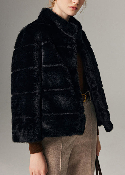 Französische schwarze Stehkragen-Nerzsamtjacke Winter