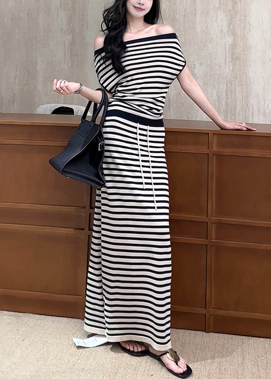 French Black Striped Elastic Waist Knitting Cotton Two Piece Set Summer