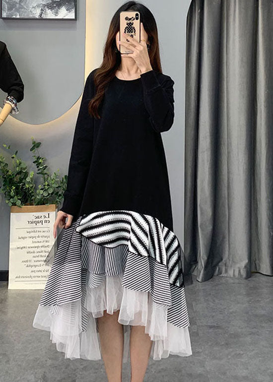 Französisch Schwarz Tüll Gestreiften Patchwork Baumwolle Kleider Frühling