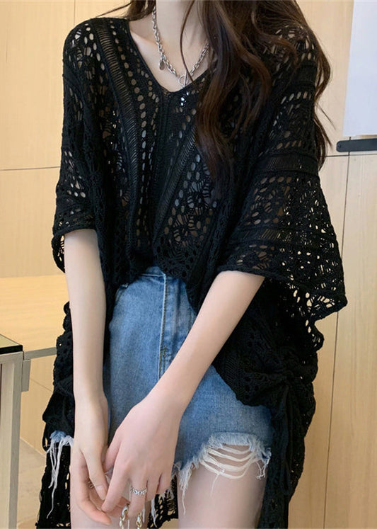 French Black V Neck Asymmetrical Knit Shirts Half Sleeve