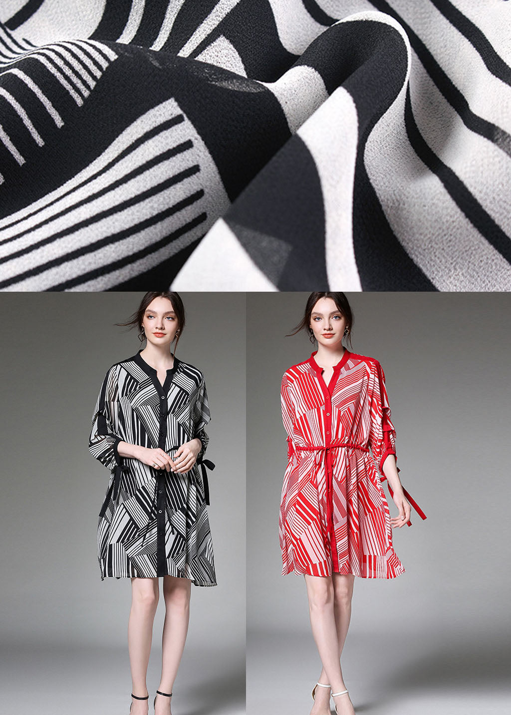 Französisches schwarzes Chiffon-Sommerkleid mit V-Ausschnitt und Knöpfen, halblange Ärmel