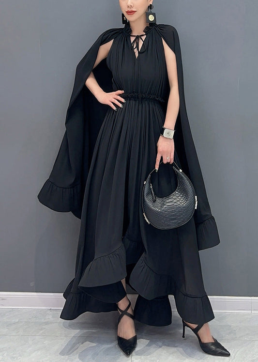 French Black V Neck Low High Design Vacation Chiffon Maxi Dresses Fall