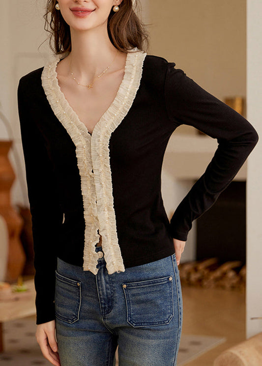 French Black V Neck Ruffled Patchwork Nail Bead Tops Spring