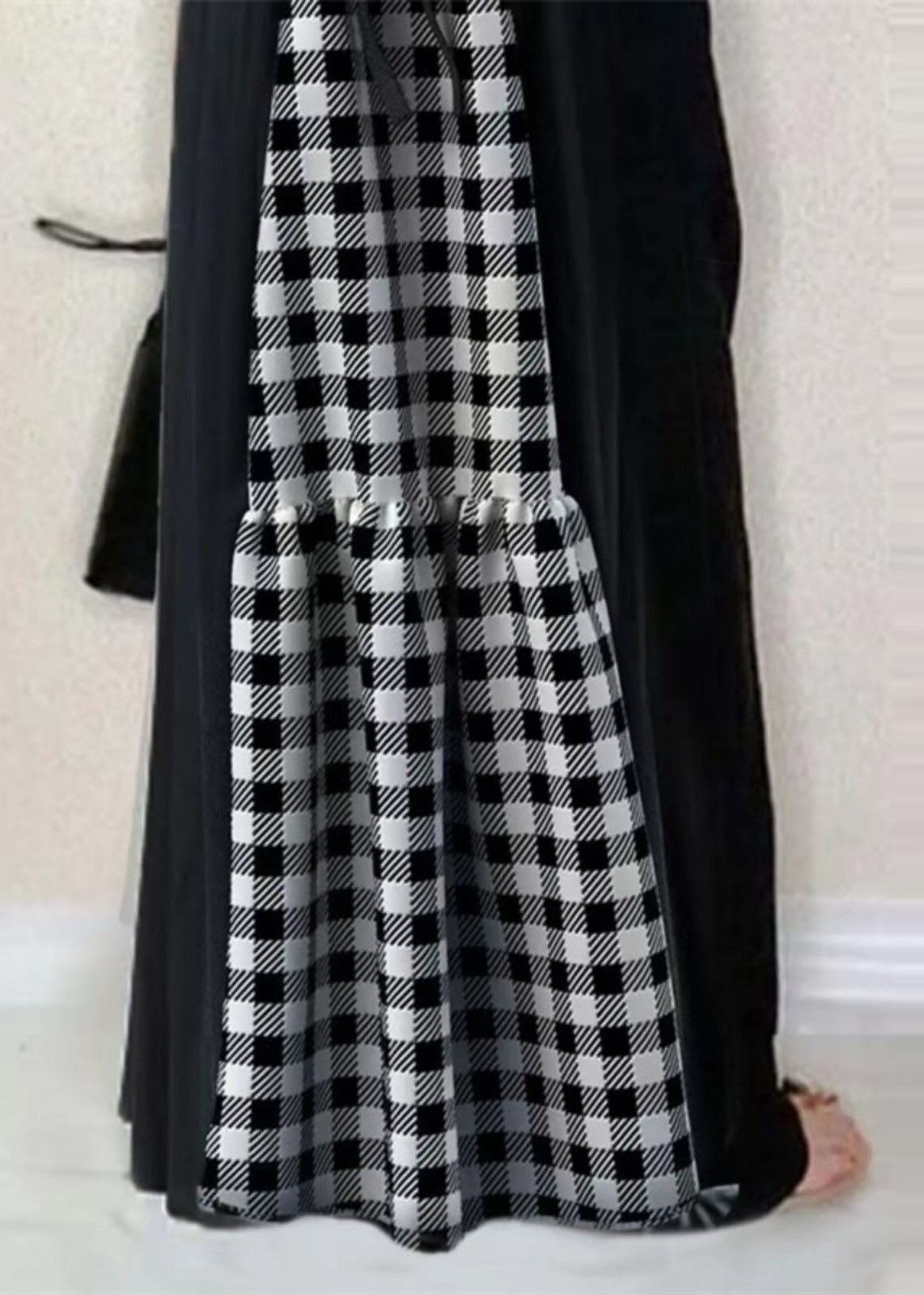 French Black V Neck Ruffled Patchwork Plaid Cotton Long Dress Summer
