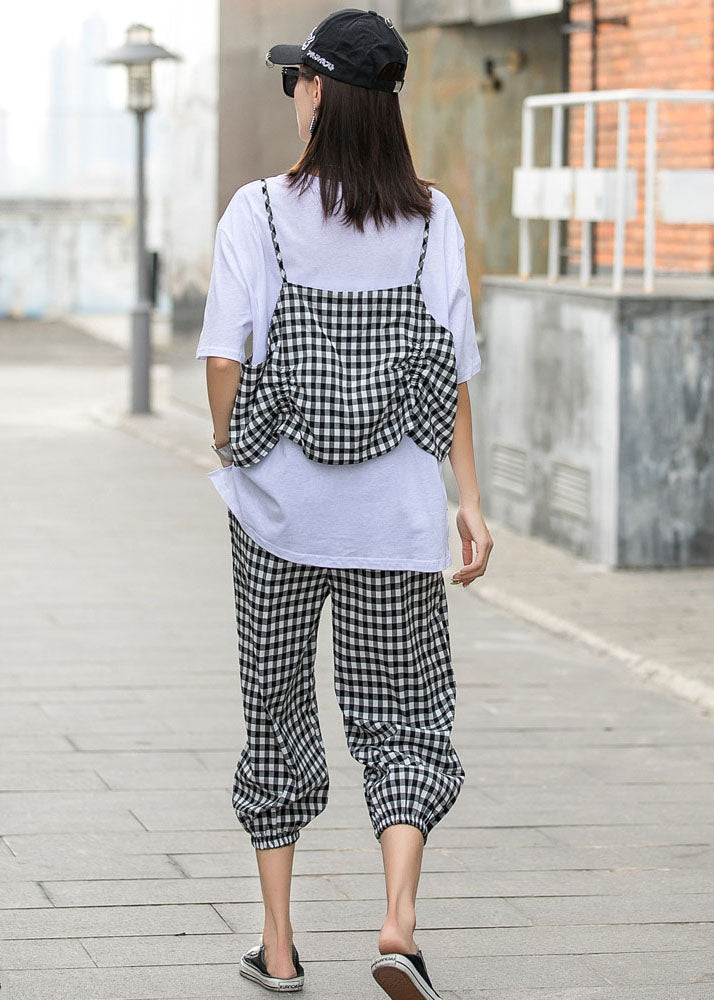 French Black White Plaid O-Neck Print Fall Two Piece Set Half Sleeve