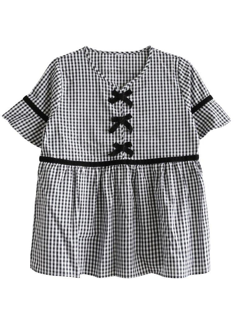 French Black White Plaid V Neck Casual Summer Cotton Top Short Sleeve - SooLinen