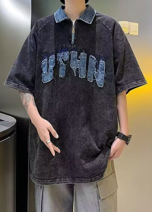 French Black Zip Up Patchwork Denim Men Polo Shirt Summer