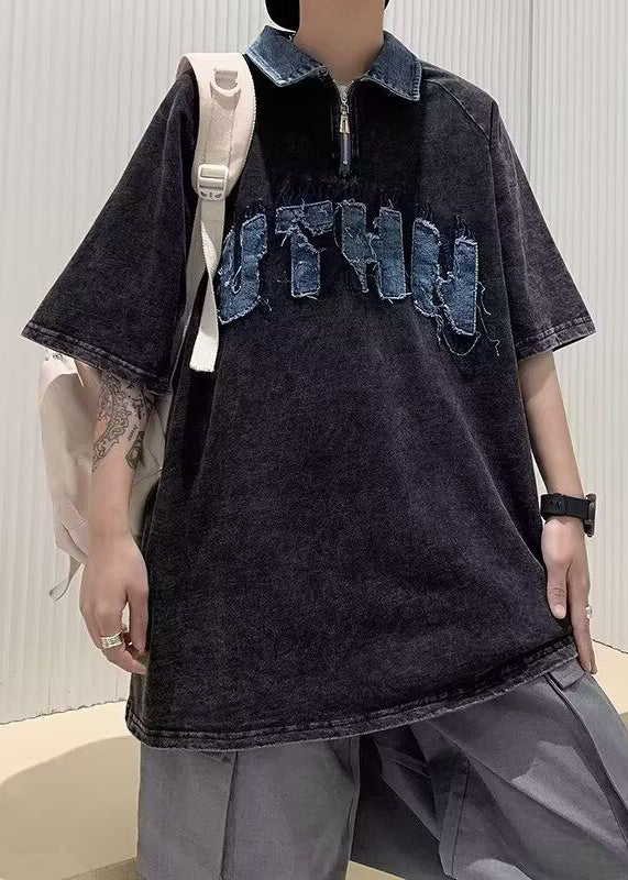 French Black Zip Up Patchwork Denim Men Polo Shirt Summer