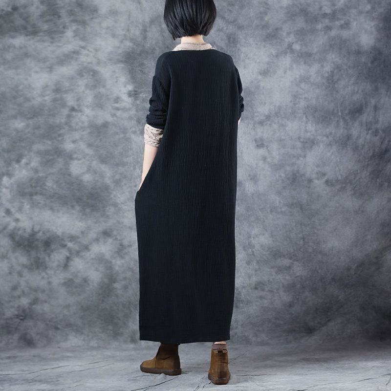 French BlackApricot V-Ausschnitt Patchwork Taschen Herbst Strick Langarm Maxikleid