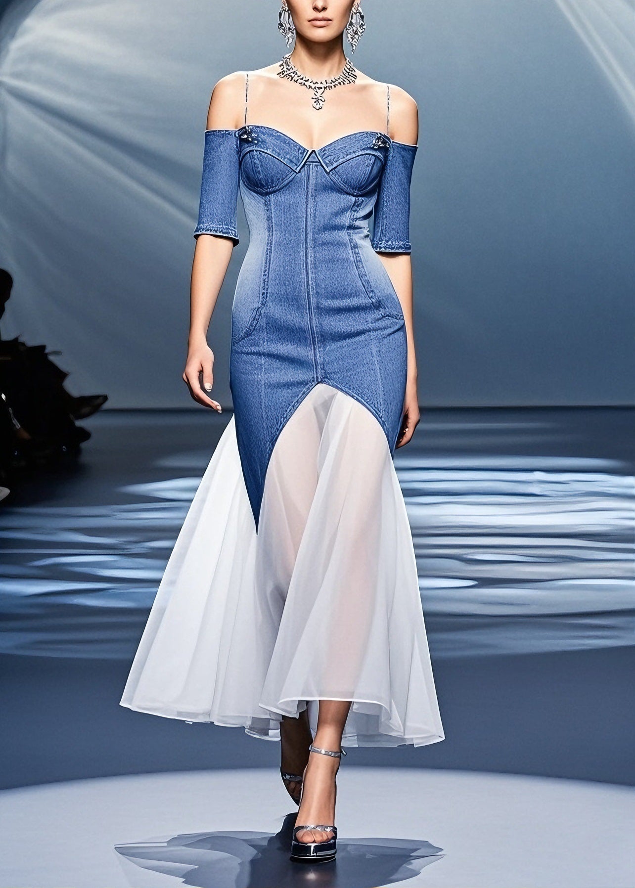 French Blue Cold Shoulder Tulle Patchwork Denim Dress Summer