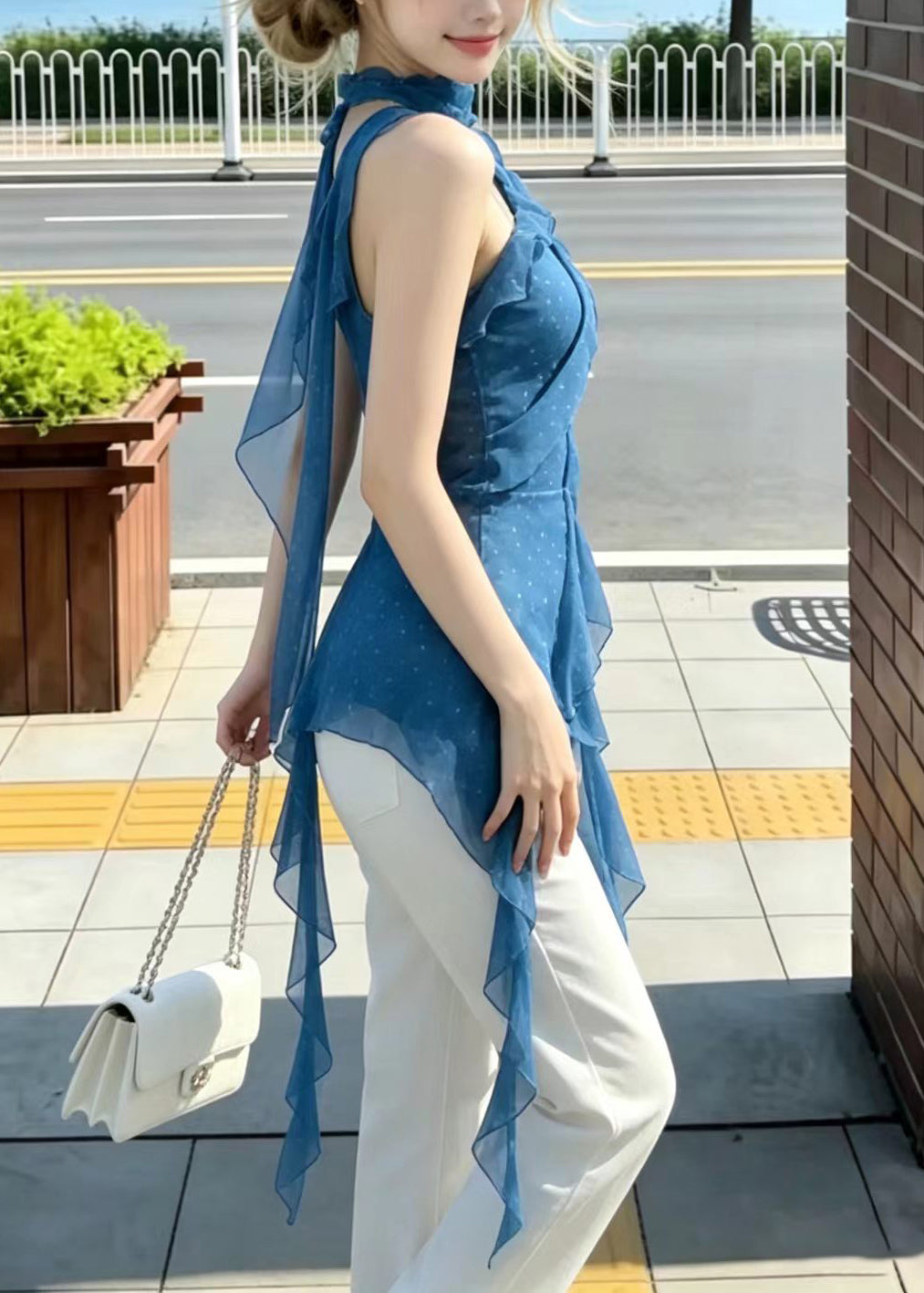 French Blue Dot One Shoulder Asymmetrical Chiffon Tank Sleeveless