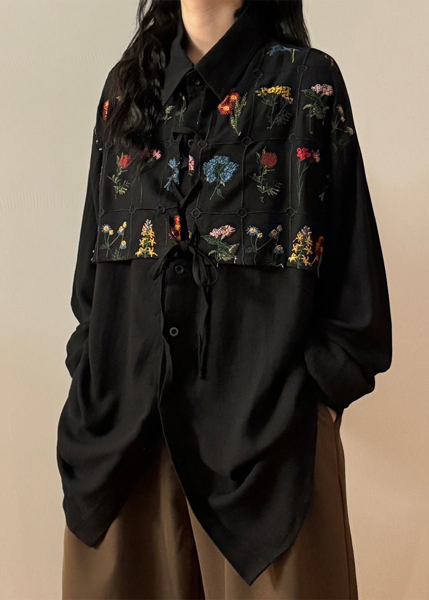 French Blue Embroidered Lace Up Cotton Blouses Spring